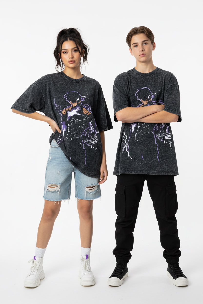 Sung Jin-Woo Shadow Monarch Lightning Black Oversized Graphic Tee | Solo Leveling Streetwear