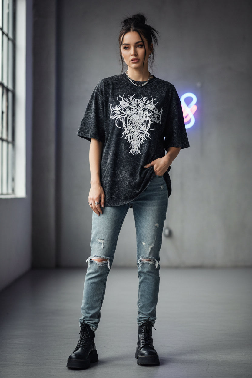 Unisex Acid Wash Oversized Graphic Tee – Dark Grey Tribal Print Streetwear T-Shirt