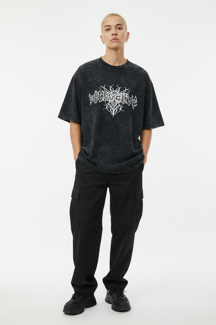 Unisex Acid Wash Oversized Graphic Tee – Dark Grey Tribal Print Streetwear T-Shirt