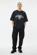 Unisex Acid Wash Oversized Graphic Tee – Dark Grey Tribal Print Streetwear T-Shirt