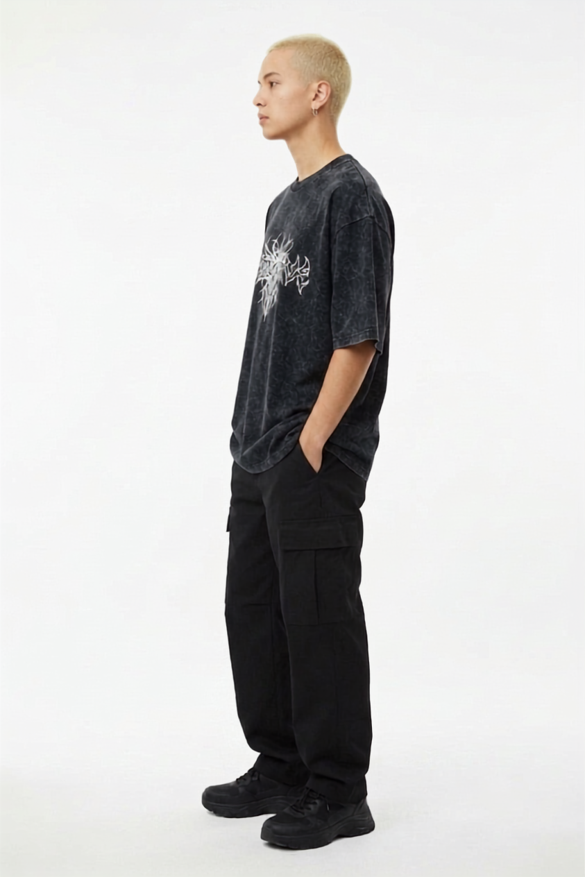 Unisex Acid Wash Oversized Graphic Tee – Dark Grey Tribal Print Streetwear T-Shirt